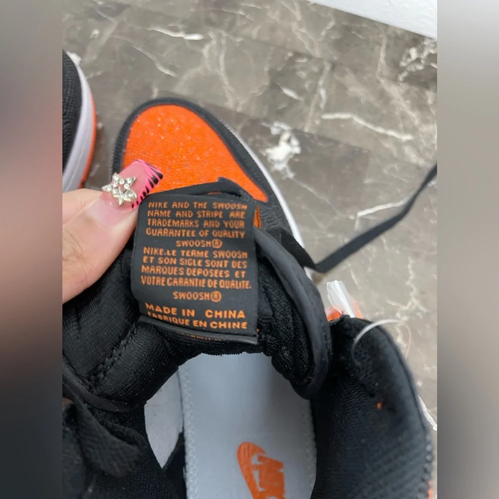 Custom Black, Orange & White Rhinstone Nike Air Jordan Sneakers, Men's 8/ Womens